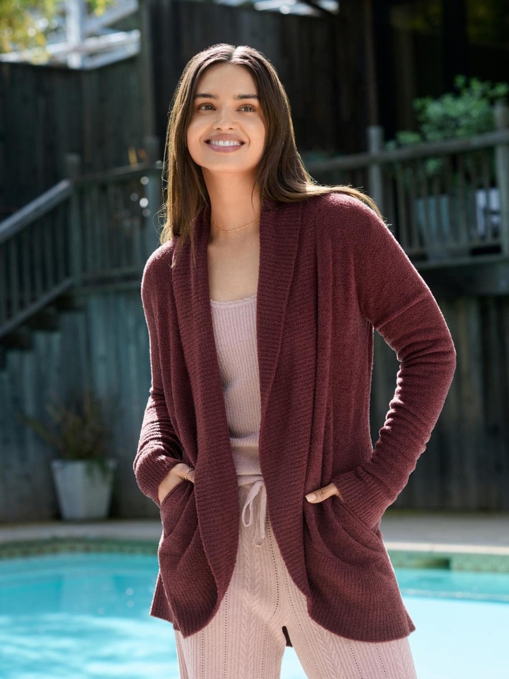 Barefoot Dreams CozyChic Lite Circle Cardigan Size Large in Maroon